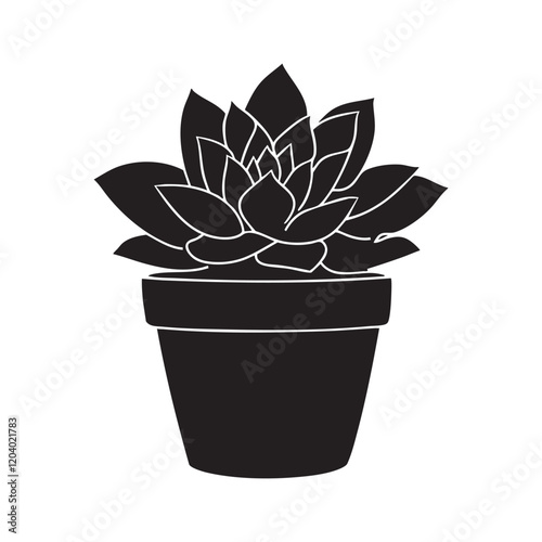 A black and white drawing of a plant in a pot