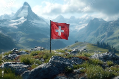 3d illustration displaying the swiss flag fluttering proudly on rugged mountain terrain the scene commemorates the national holiday of august 1 blending nature with cultural pride photo