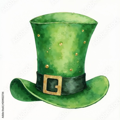 Green High Hat with Gold Beads and Buckle on White Background with Copy Space