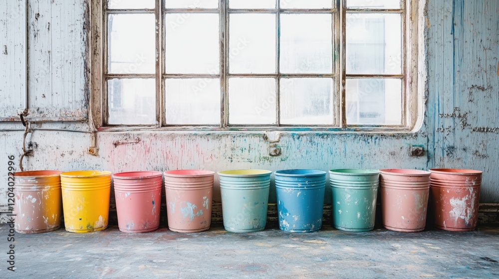 Buckets of soft pastel paints sit neatly in a row within an industrial setting, evoking a sense of readiness and the promise of creative possibilities. Buckets of soft pastel paints sit neatly in a row within an industrial setting, evoking a sense of readiness and the promise of creative possibilities.