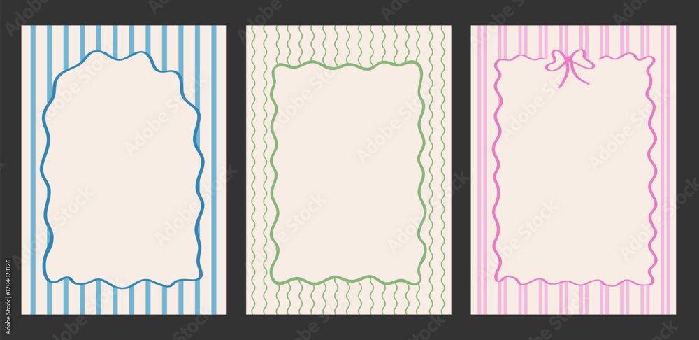 Frame scallop edge rectangle on striped background. Wavy border in vintage trendy style. Zig zag line frames