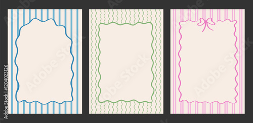 Frame scallop edge rectangle on striped background. Wavy border in vintage trendy style. Zig zag line frames