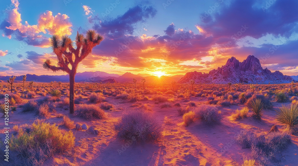 A desert scene with towering Joshua trees silhouetted against a brilliant sunset A desert scene with towering Joshua trees silhouetted against a brilliant sunset