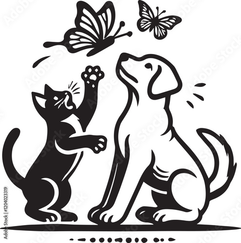 Playful kittens and dogs chasing butterflies. A whimsical illustration of a kitten and a dog interacting with butterflies in a playful, joyful atmosphere.