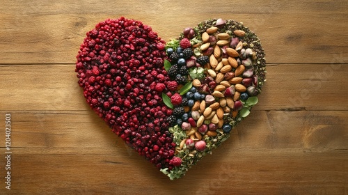Heart-shaped display of healthy foods including berries, greens, and nuts on a warm-toned wooden surface.