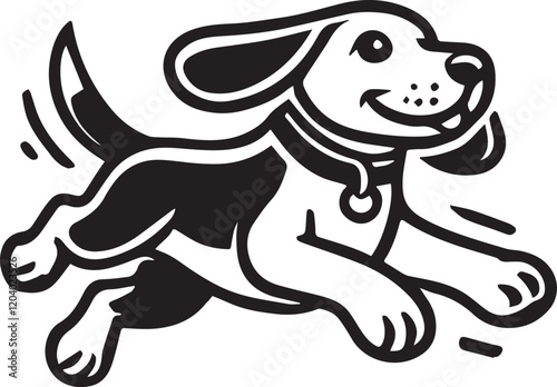 Playful Beagle Puppy Running in a Vector Illustration. A dynamic, black and white vector graphic of a beagle puppy in a playful running pose.