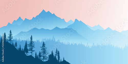 Sunrise in the mountains, panoramic view, vector illustration	