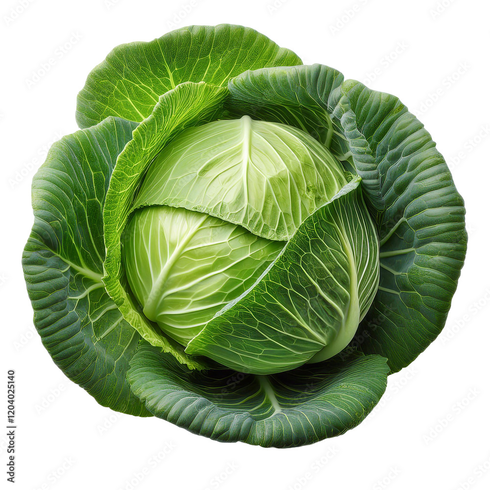 Obraz premium Fresh green cabbage isolated on transparent background showing leaves and texture