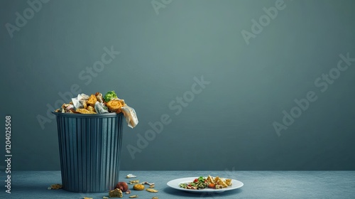 Overfilled trash can with food waste beside a simple, nearly empty plate on a stark background for awareness campaigns.