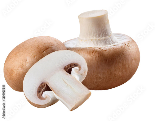 Royal brown champignon mushrooms whole and halved on transparent background