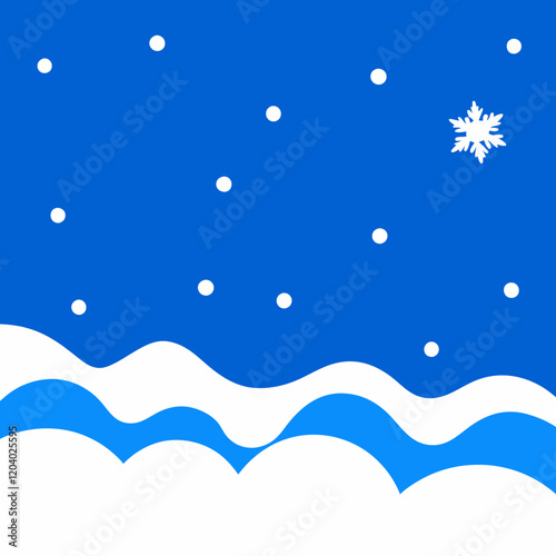 A blue and white winter background with falling snowflakes and a white snowdrift at the bottom on a white background.