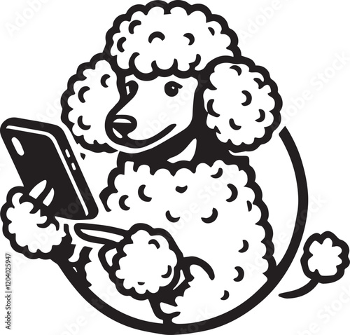 Cute Poodle Taking a Selfie with a Smartphone. A playful black and white illustration of a poodle holding a smartphone, appearing to take a selfie.