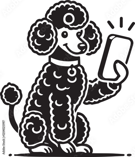 Cute Poodle Taking a Selfie with a Smartphone. A playful black and white illustration of a poodle holding a smartphone, appearing to take a selfie.