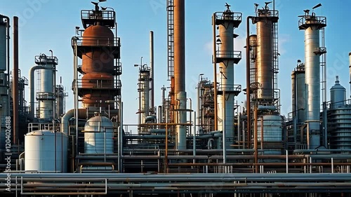 Large industrial oil refinery with towering equipment and storage tanks.