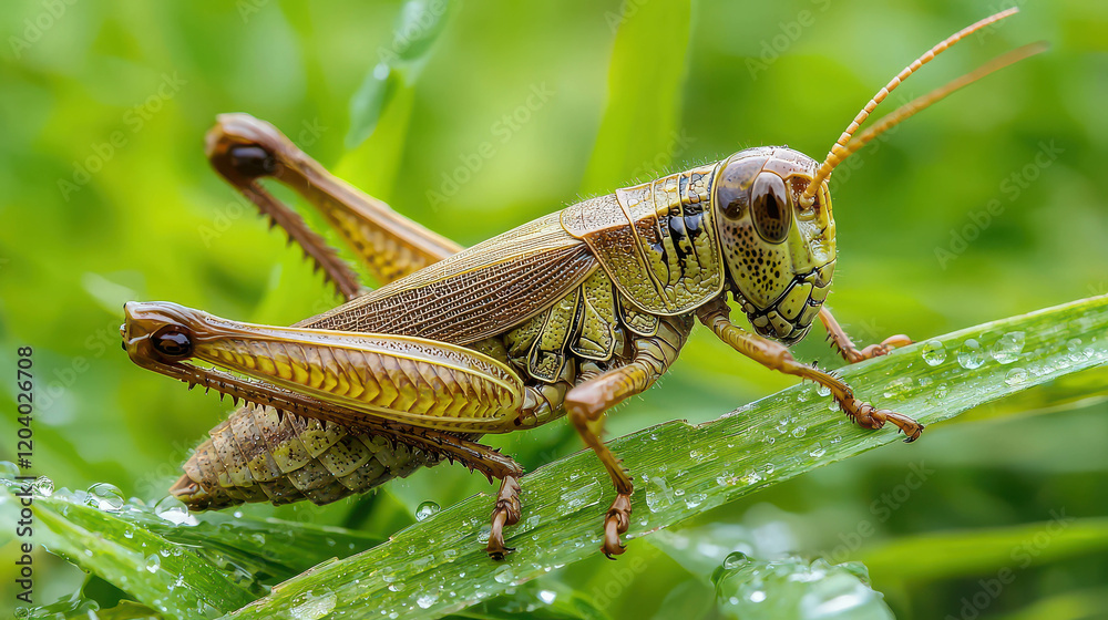 Detailed Close-Up Macro Photograph of Grasshopper Perched on Green Leaf with Dew Drops Detailed Close-Up Macro Photograph of Grasshopper Perched on Green Leaf with Dew Drops