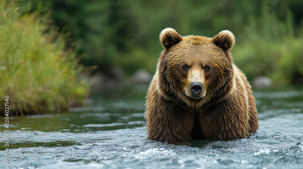 Obraz premium A wild bear fishing for salmon in a rushing river, framed by dense forest