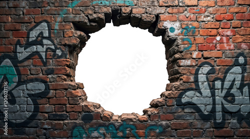 Hole in brick wall with graffiti and transparent center