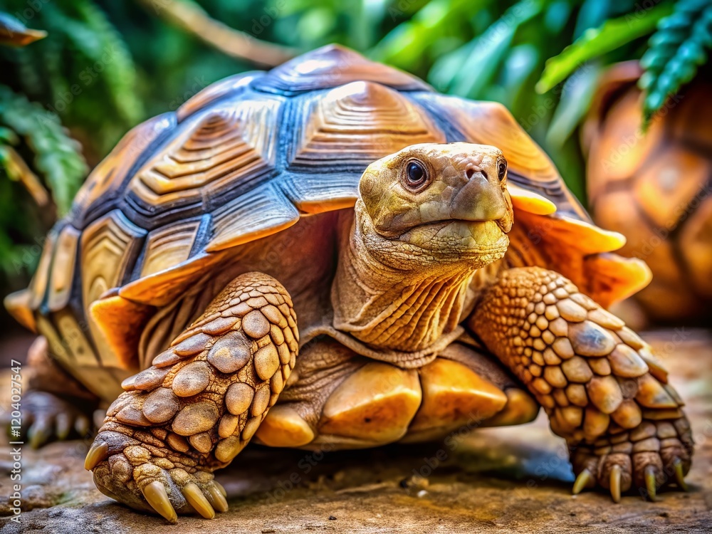 Obraz premium Sulcata Tortoise Macro Photography: Ancient Scales, Majestic Detail