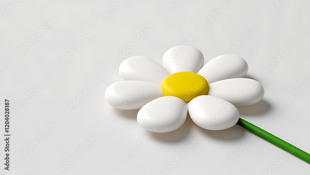 Simple White Daisy 3D Render: Minimalist Floral Design with Yellow Center and Green Stem on White Background