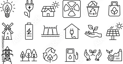 "Green Energy Icon Set - Renewable Energy and Ecology Outline Collection"