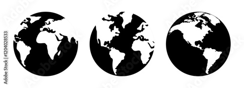 Earth globe icon set vector illustration in black and white color. World map in circle. Earth globes collection. World map in modern simple styles. Earth map, isolated on white background.
