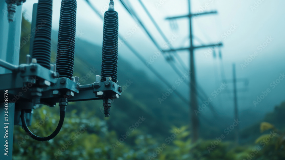 Fototapeta premium Power transformer standing amidst green fields, surrounded by misty mountains, showcasing blend of technology and nature. scene evokes sense of tranquility and innovation