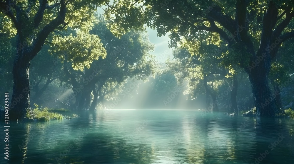 Obraz premium Tranquil Lake Surrounded by Misty Trees