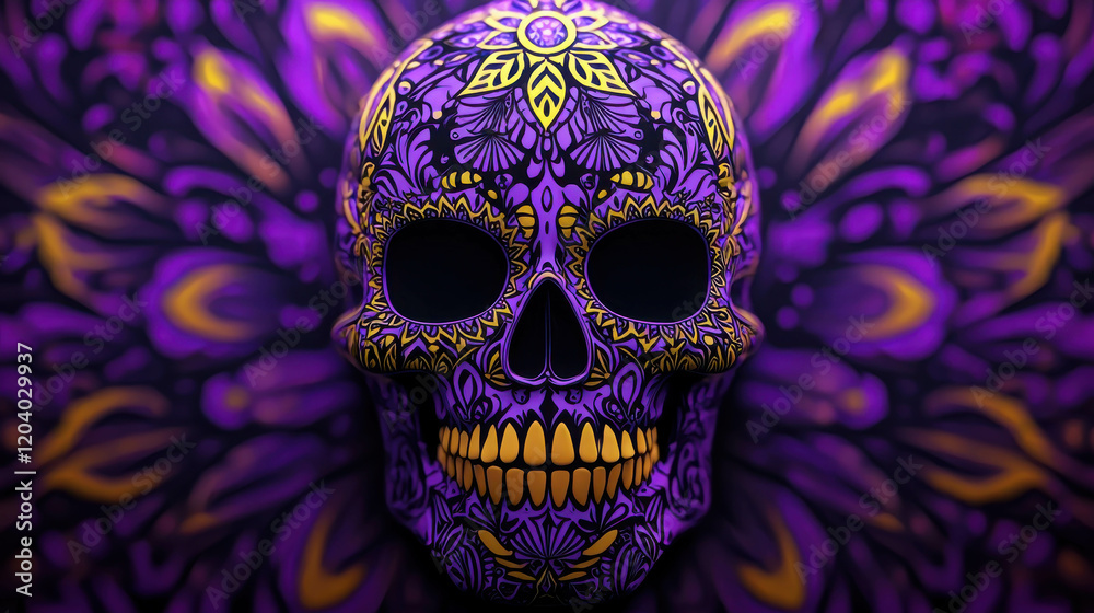 Vibrant Glowing Skull Design with Purple and Yellow Floral Patterns Vibrant Glowing Skull Design with Purple and Yellow Floral Patterns