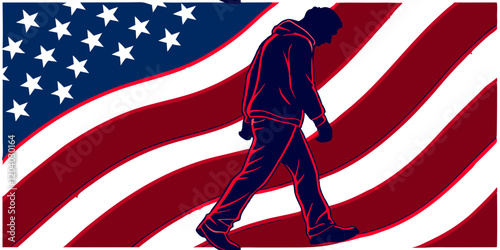A hooded person is outlined by a stylized American flag with red and white stripes and white stars on a blue background. The design combines patriotic elements with a silhouette walking in profile.AI