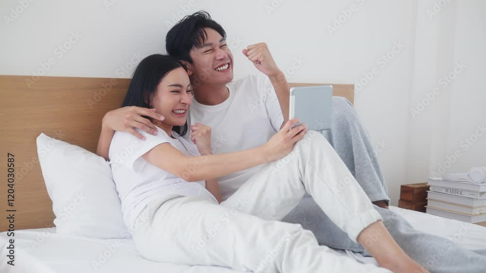 Happy couple laughing on the sofa and watching TV drama online Happy couple laughing on the sofa and watching TV drama online