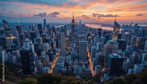City skyline illuminated at dusk with towering buildings and a vibrant sunset over the horizon reflect in the water