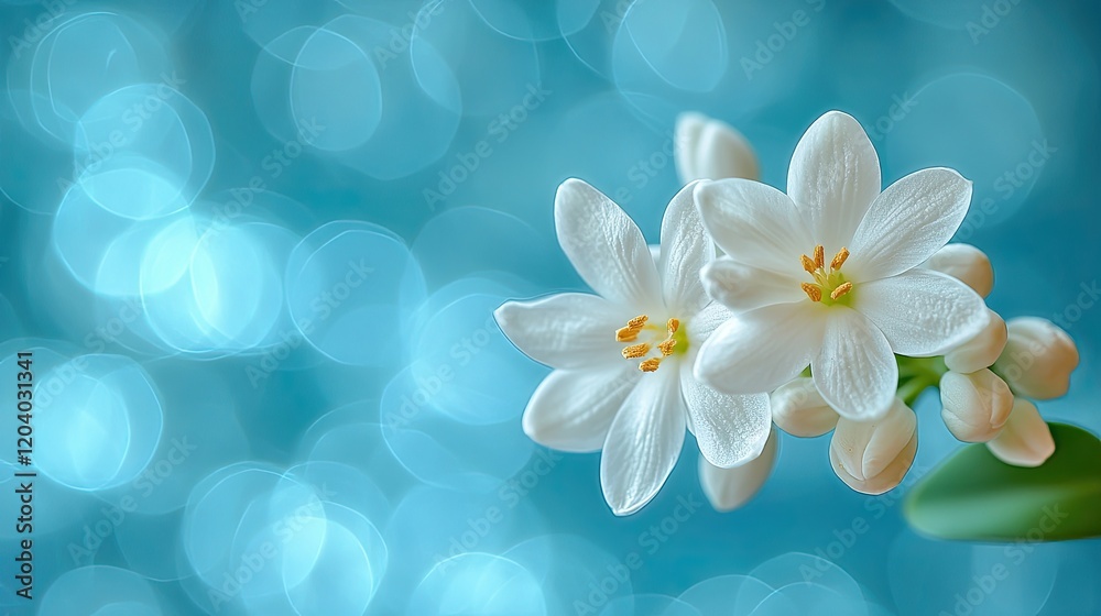 Delicate white flowers blooming against a soft blue bokeh background, evoking tranquility and beauty Delicate white flowers blooming against a soft blue bokeh background, evoking tranquility and beauty