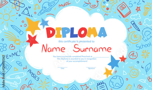 Colorful school and preschool diploma certificate for kids and children in kindergarten or primary grades with doodle crayon elements on colorful background. Vector cartoon flat illustration