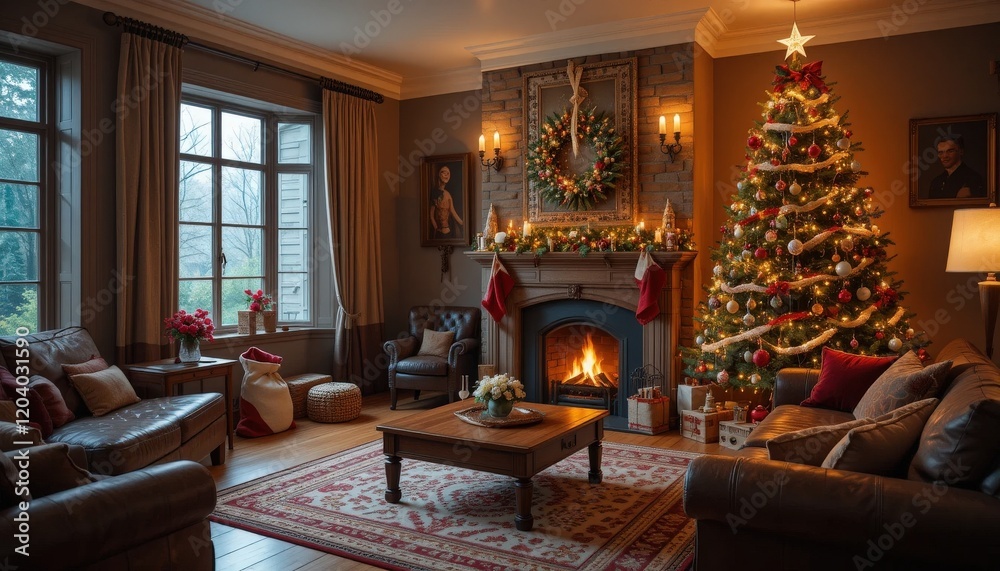 Fototapeta premium Cozy Christmas living room with a decorated tree and a warming fireplace in a festive home setting