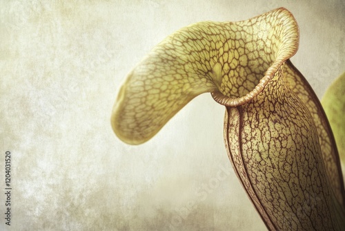 Close-up of a pitcher plant's intricate, veined, yellowish-green pitcher. photo