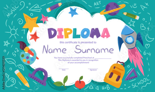 Colorful school and preschool diploma certificate for kids and children in kindergarten or primary grades with doodle elements on blue background. Vector cartoon flat illustration