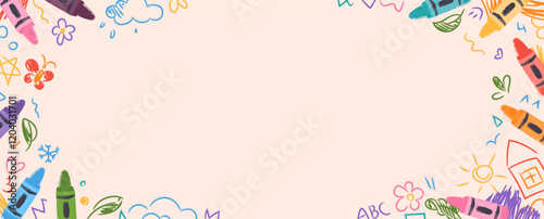 Colorful kindergarten crayon background with doodles drawn by colorful crayons. Childlike border frame with pencils and childish drawings on paper. Vector illustration for certificate, diploma, poster