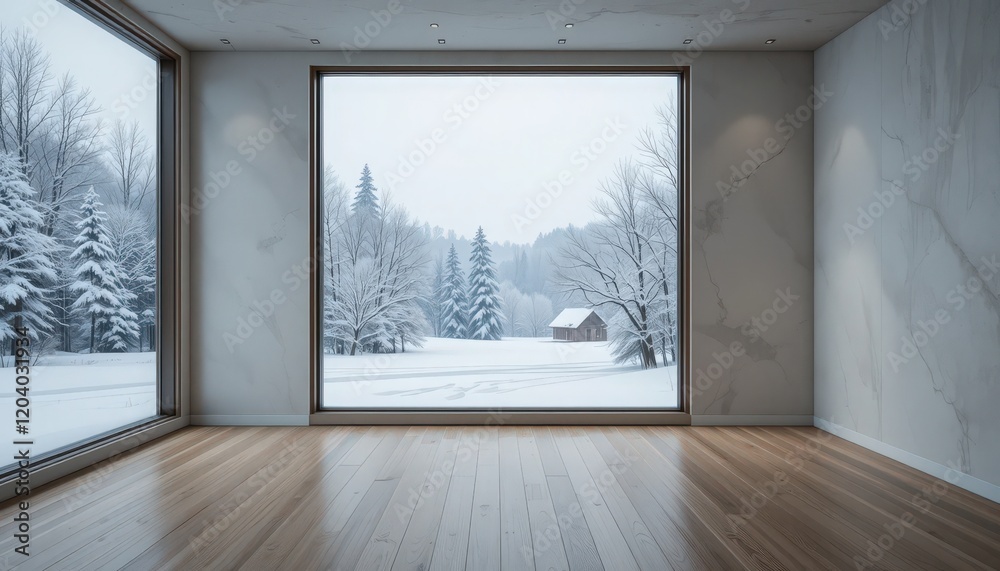 Fototapeta premium Snowy winter landscape view from a minimalistic modern interior with large windows