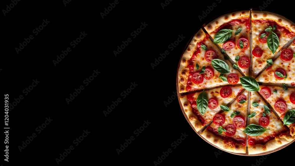 A delicious pizza rotates mid-air in this 4K loopable video. Close-up showcases its vibrant toppings, round shape, and textured crust. Perfect for menus, fast food designs
