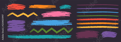 Colorful crayon underlines, scribbles, and zigzag strokes. Kids playful charcoal squiggles, chalk loops. Pencil lines and rough highlighter marks on dark background. Vector childish illustration