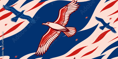 Birds in shades of red, white, and blue soar through a dynamic sky filled with stars and abstract patterns. Bold lines and contrasting colors create a sense of motion and energy.AI