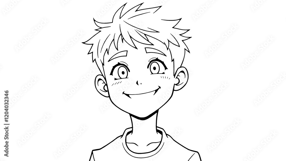 Cute Cartoon Boy Character Illustration with Big Eyes and Smiling Face - Black and White Line Ar PNG Cute Cartoon Boy Character Illustration with Big Eyes and Smiling Face - Black and White Line Ar PNG