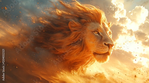 Majestic lion, windswept mane, sunset sky, dust storm, fantasy art photo