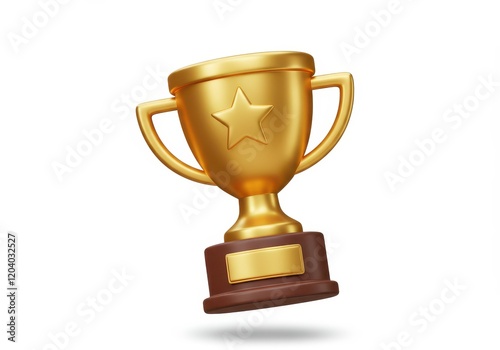 A 3D illustration of a golden trophy with a star emblem in the center featuring a brown base with a nameplate