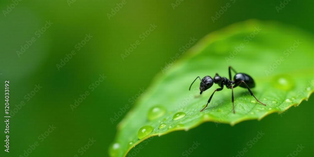 A solitary black ant explores a dew-kissed leaf in a vibrant green natural environment