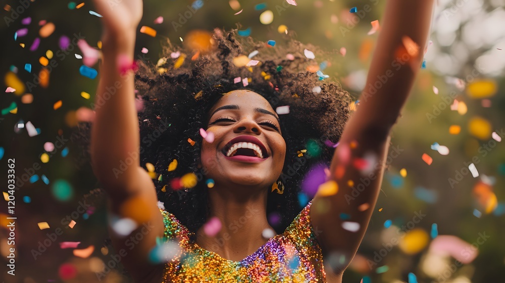 Obraz premium Woman Joyfully Celebrates Surrounded By Colorful Confetti