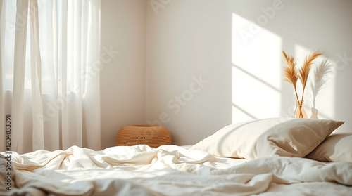 Serene Bedroom Interior: Minimalist Linen Bedding, Sunlight, and Cozy Atmosphere