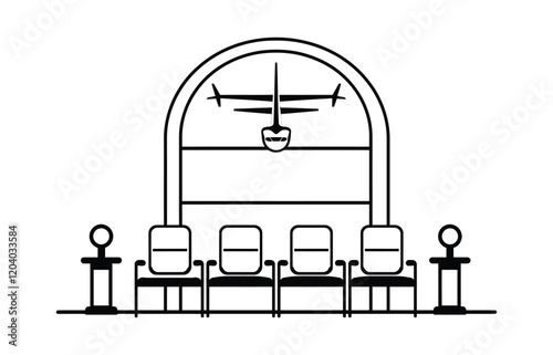 Airport waiting area with chairs and a clock icon, vector, outline, silhouette, illustration, isolated on white background