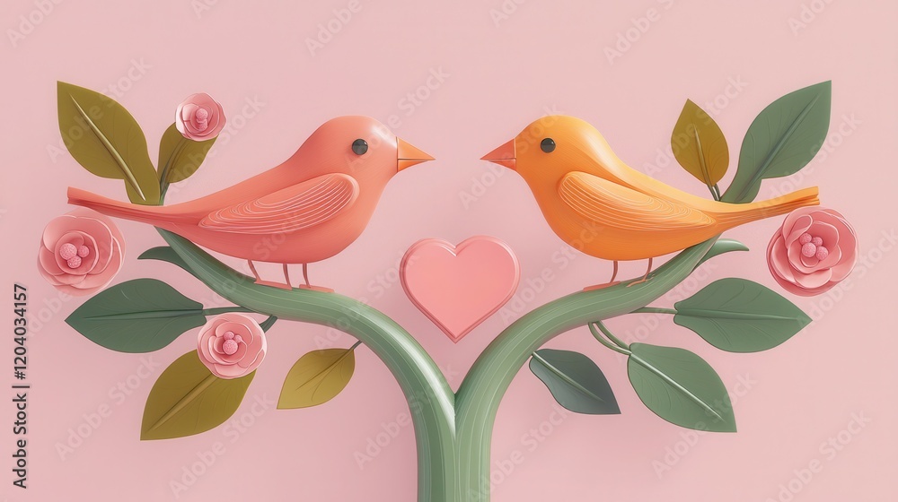 Fototapeta premium Colorful birds on a tree branch with flowers and heart illustration, perfect for romantic or nature-themed designs and background decorations