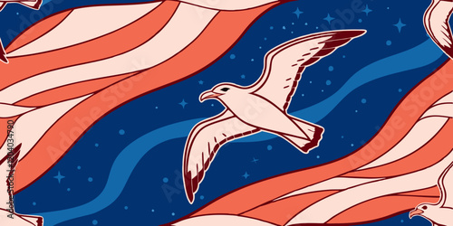 A bird in flight is set against a vibrant background of red and white stripes and a blue, starry sky. The scene captures a sense of freedom and movement with its dynamic design.AI